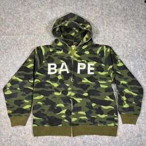 BAPE Camo Full Zip Hoodie Mens L Green Camouflage Vintage Distressed Chenille